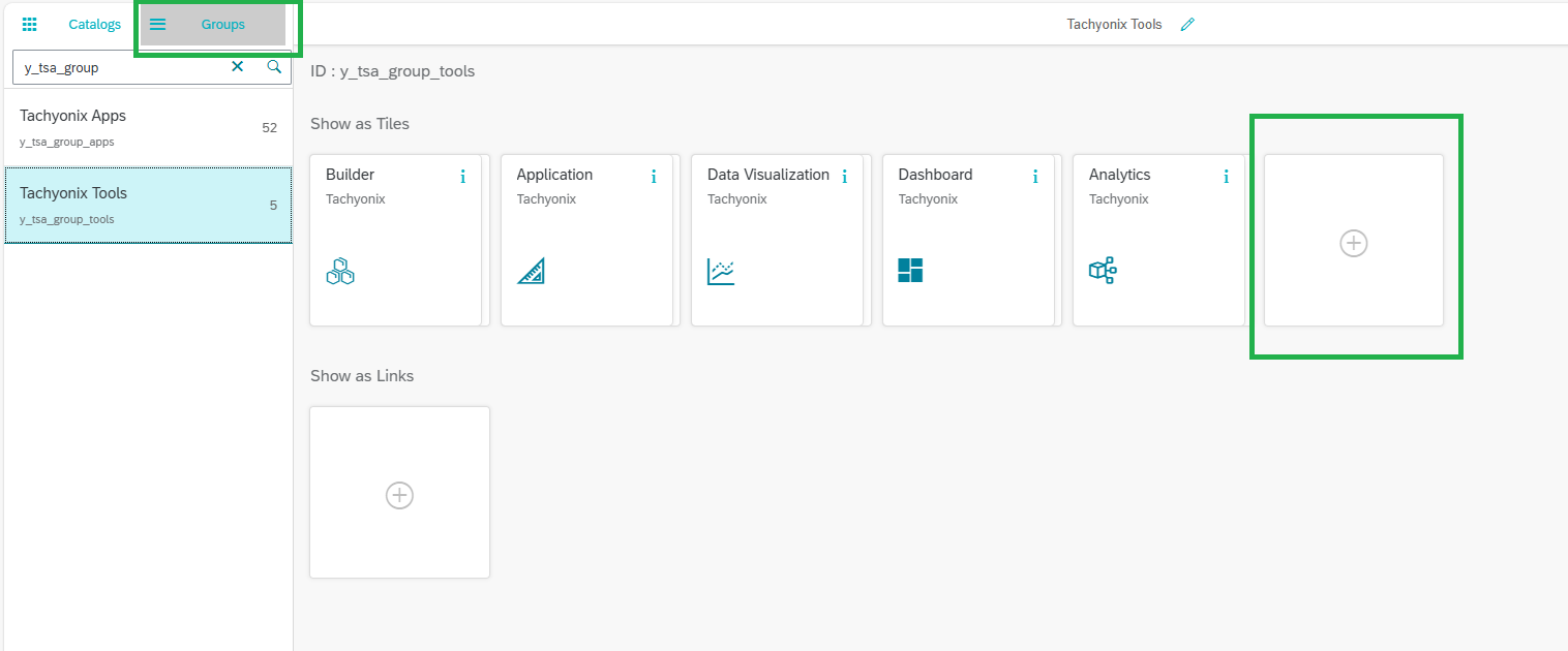 Aba Groups do Fiori Designer com o botão de adicionar tile em destaque