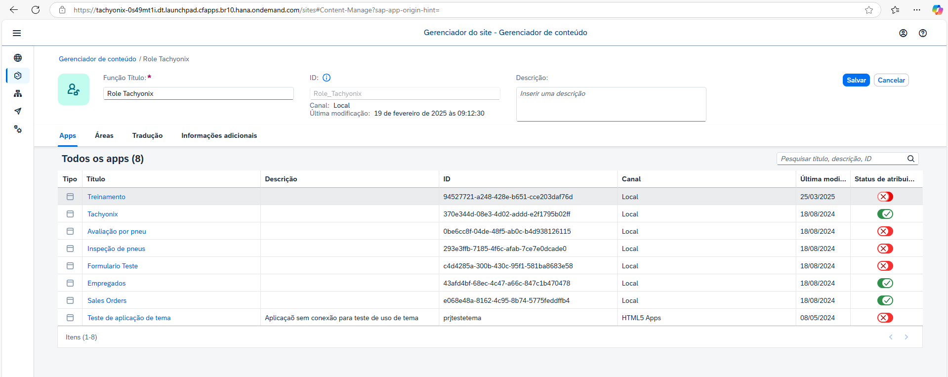 Lista de apps da Role com o interruptor de status de atribuição desligado