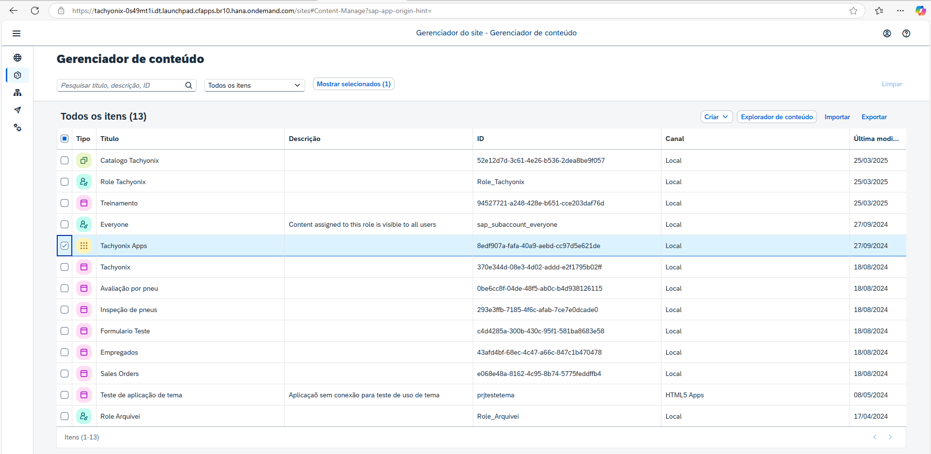 Item Tachyonix Apps na lista do Gerenciador de conteúdo